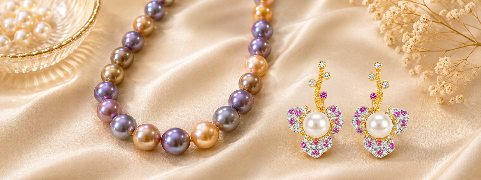 COSQUEEN mixed-colour pearl necklace and pearl earrings in an editorial composition